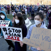 Protesters during a rally held to support Stop Asian Hate in Newton, Mass., on March 21. (AP Photo/Steven Senne)