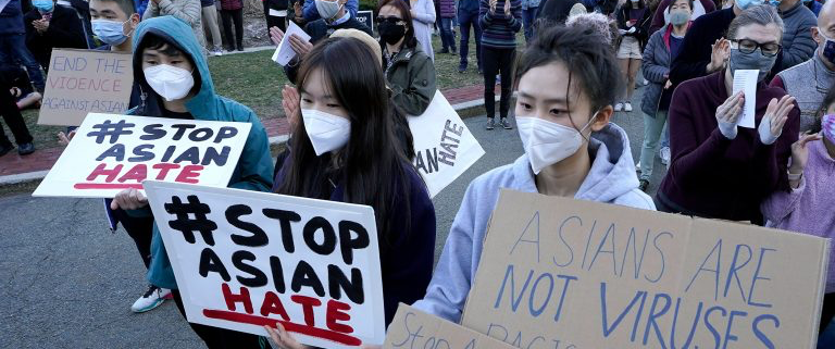 Protesters during a rally held to support Stop Asian Hate in Newton, Mass., on March 21. (AP Photo/Steven Senne)